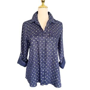 Charter Club Womens Navy Blue Gold Metallic Polka Dot 100% Linen Shirt Size M